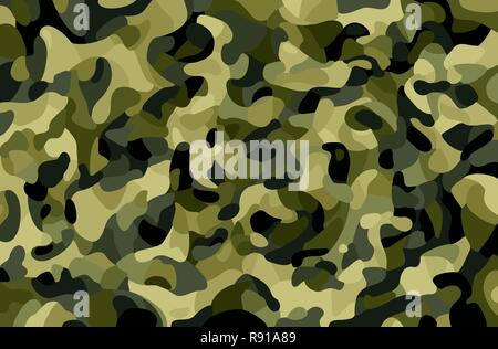 Camouflage background. Green, brown, black, olive colors forest texture. Trendy style camo. Print. Military Theme. Vector illustration. Stock Vector