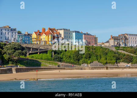 Colourful houses above the harbour and North Beach in Tenby, a walled seaside town in Pembrokeshire, south Wales coast, western side of Carmarthen Bay