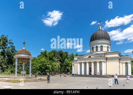 Chisinau, Moldova - Locals and some tourists walking in front of a church in downtown Chisinau in Moldova Stock Photo