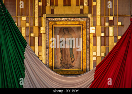 The original image of the Virgin Mary on Juan Diego's tilmati at the Basilica of Our Lady of Guadalupe in Mexico City, Mexico Stock Photo