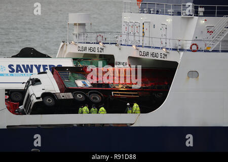 Toppled lorries on board the European Causeway, a P&O Ferry which was travelling from Larne in Northern Ireland to Cairnryan Ferry Terminal, Wigtownshire, when it was caughtin high winds. Stock Photo