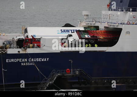 Toppled lorries on board the European Causeway, a P&O Ferry which was travelling from Larne in Northern Ireland to Cairnryan Ferry Terminal, Wigtownshire, when it was caughtin high winds. Stock Photo