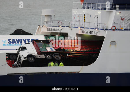 Toppled lorries on board the European Causeway, a P&O Ferry which was travelling from Larne in Northern Ireland to Cairnryan Ferry Terminal, Wigtownshire, when it was caughtin high winds. Stock Photo