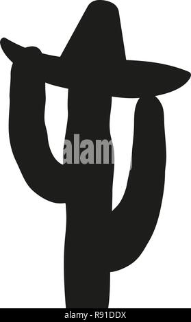 Black and white cactus in sombrero hat silhouette Stock Vector