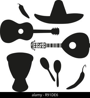 Black and white mexican music silhouette set. Stock Vector