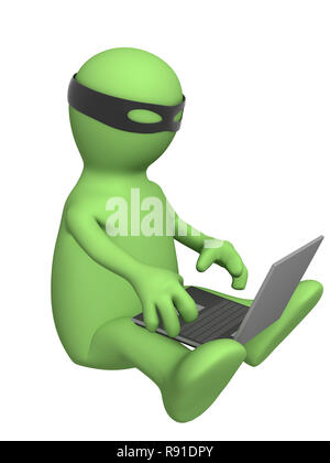 The hacker in a mask with laptop Stock Photo