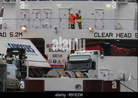 Toppled lorries on board the European Causeway, a P&O Ferry which was travelling from Larne in Northern Ireland to Cairnryan Ferry Terminal, Wigtownshire, when it was caught in high winds. Stock Photo