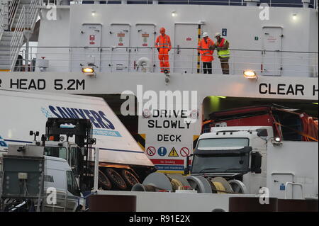 Toppled lorries on board the European Causeway, a P&O Ferry which was travelling from Larne in Northern Ireland to Cairnryan Ferry Terminal, Wigtownshire, when it was caught in high winds. Stock Photo