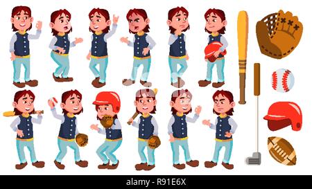 Baseball Boy Schoolboy Kid Poses Set Vector. Primary School Child ...
