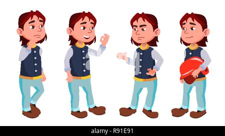 Boy Schoolboy Kid Poses Set Vector. Black. Afro American. Primary ...