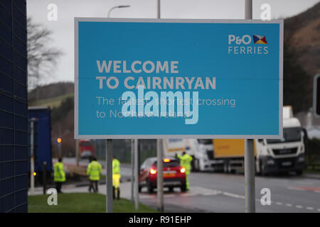 A sign at the Cairnryan Ferry Terminal, Wigtownshire, after several lorries on board the European Causeway, a P&O Ferry which was travelling from Larne in Northern Ireland, toppled over when it was caught in high winds. Stock Photo