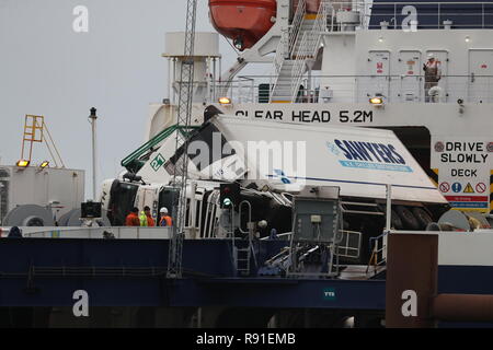 Toppled lorries on board the European Causeway, a P&O Ferry which was travelling from Larne in Northern Ireland to Cairnryan Ferry Terminal, Wigtownshire, when it was caught in high winds. Stock Photo