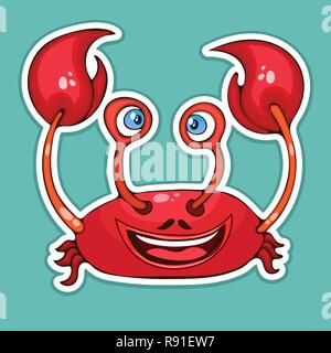 Painted cute funny crab smiling sticker, design element, print, colorful hand drawing, cartoon character, vector illustration, caricature, isolated wi Stock Vector