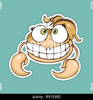 Painted cute funny smiling scorpion sticker, design element, print, colorful hand drawing, cartoon character, vector illustration, caricature, isolate Stock Vector