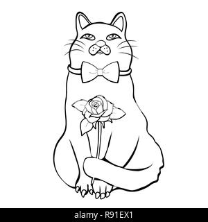 Cute funny cat with bow tie holding flower on appointment linear hand drawing, cartoon character, vector black and white illustration, coloring, sketc Stock Vector