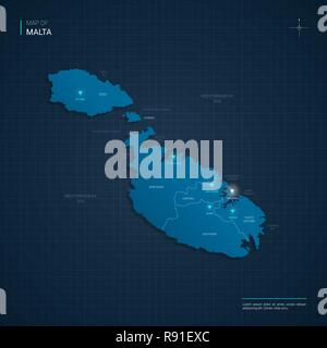 Vector Malta map illustration with blue neon lightpoints - triangle on dark blue gradient background. Stock Vector