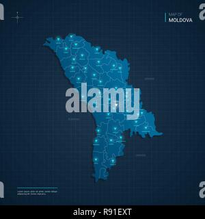 Vector Moldova map illustration with blue neon lightpoints - triangle on dark blue gradient background. Stock Vector