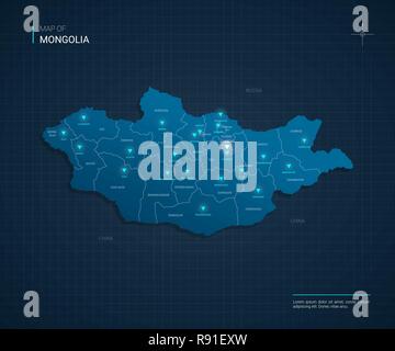 Vector Mongolia map illustration with blue neon lightpoints - triangle on dark blue gradient background. Stock Vector