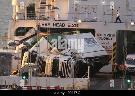 Toppled lorries on board the European Causeway, a P&O Ferry which was travelling from Larne in Northern Ireland to Cairnryan Ferry Terminal, Wigtownshire, when it was caught in high winds. Stock Photo