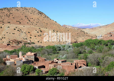 View Across Tighza (Tijhza) Village, Ouarikt valley, High Atlas Mountains, Morocco Stock Photo