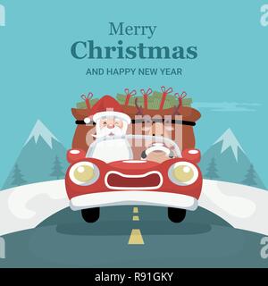 Reindeer Christmas card driving car with Santa Claus Stock Vector