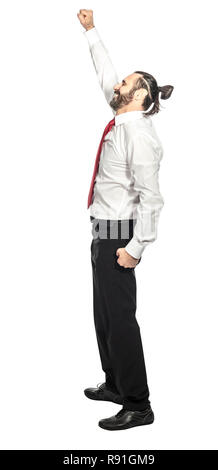 happy long hair bearded businessman winner pose isolated on white background Stock Photo