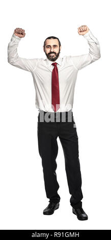 happy businessman arms up winner pose isolated on white background ...