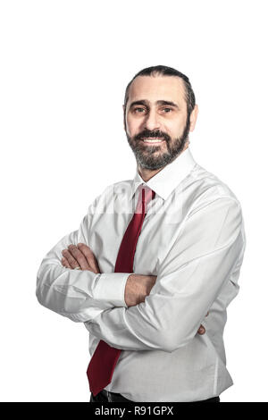 standing caucasian man crossed arms isolated on white background Stock Photo