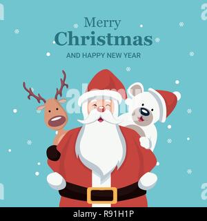 Christmas card of santa claus, reindeer and snowman Stock Vector