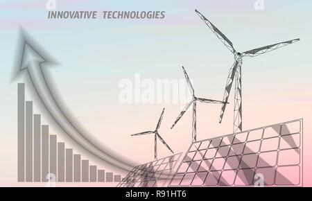 Solar panels windmills turbine generating electricity. Green ecology saving environment. Renewable power low poly polygonal geonetric abstract gray white sky design vector illustration Stock Vector