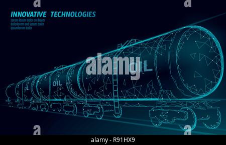 Oil railway cistern 3D render low poly. Fuel petroleum finance industry diesel tank. Cylinder railroad wagon train gasoline logistic economical business polygonal line vector illustration Stock Vector