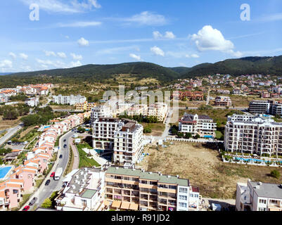 aerial shooting of the resort in Sveti Vlas, sea view and hotel residential buildings with swimming pools Stock Photo