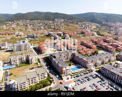 aerial shooting of the resort in Sveti Vlas, sea view and hotel residential buildings with swimming pools Stock Photo