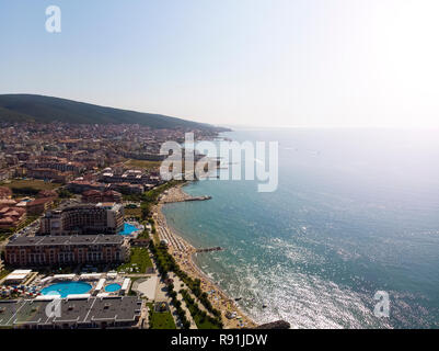 aerial shooting of the resort in Sveti Vlas, sea view and hotel residential buildings with swimming pools on the territory Stock Photo