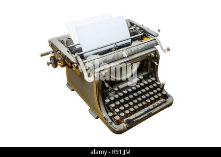 old vintage dust-covered typewriter with sheet of paper isolated on white background Stock Photo