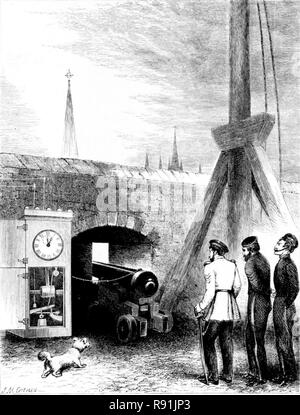 Method of firing the One O'Clock Gun from Edinburgh Castle, actuated by electrical signals from the Calton Hill Observatory The tradition for firing the gun began in 1861, when it was used to provide ships in the Firth of Forth with an audible signal for the time. Stock Photo