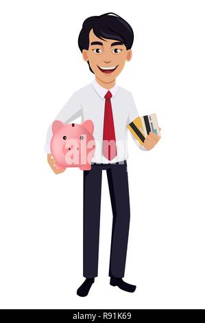 Asian business man, concept of cartoon character in office style clothes. Handsome businessman holds piggy bank and credit cards. Vector illustration  Stock Vector