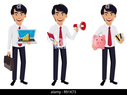 Asian business man, concept of cartoon character in office style clothes, set of three poses. Handsome businessman holds laptop, holds loudspeaker and Stock Vector