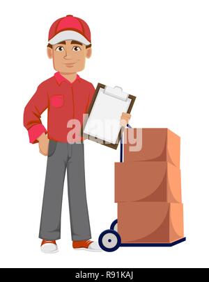 Courier man in red uniform. Handsome delivery man. Cartoon character stands near handcart with boxes and holds clipboard. Vector illustration on white Stock Vector