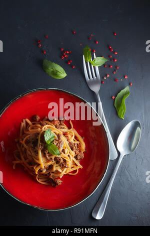 Italian pasta bolognaise. View from above. Italian home cooking. Stock Photo