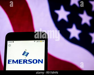 Emerson Electric Manufacturing company logo seen displayed on smart phone Stock Photo