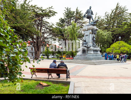 PUERTO NATALES, CHILE - JANUARY 11, 2018: View of the monument to Ferdinand Magellan aka Fernando de Magallanes. Copy space for text Stock Photo