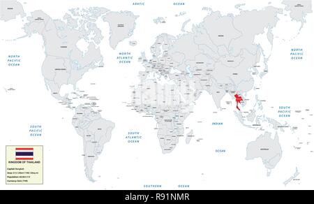 World map with Kingdom of Thailand, small information box and flag Stock Vector
