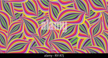 Seamless bright colorful summer pattern with purple, pink, yellow, green abstract waves or leaves. vibrant textile print with petal ornament. Vector i Stock Vector