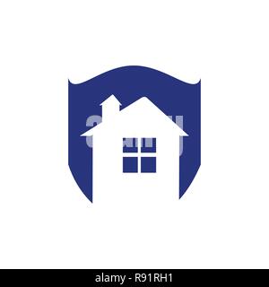 Save home logo - house with window and chimney on the roof and shield symbol. Defense, security and real estate vector icon. Stock Vector