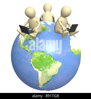 3d puppets with laptops on Earth - over white Stock Photo