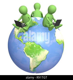 3d puppets with laptops on Earth - over white Stock Photo