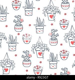 Seamless pattern with black and white cactus and succulents on white background. Vector print with cactuses succulents in minimalistic geometric linea Stock Vector