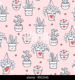 Seamless pattern with black and white cactus and succulents on white background. Vector print with cactuses succulents in minimalistic geometric linea Stock Vector