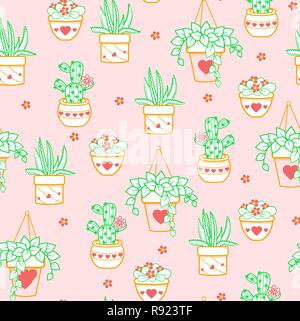 Seamless pattern with black and white cactus and succulents on white background. Vector print with cactuses succulents in minimalistic geometric linea Stock Vector